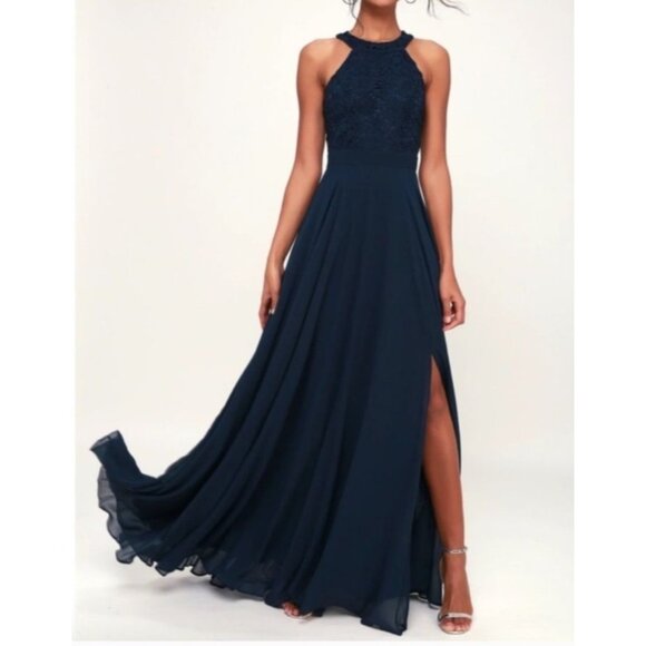 Lulus Dresses & Skirts - Lulus Crochet Halter Lace Maxi Dress Wedding Prom Formal Size Small Navy Blue